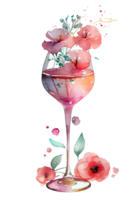 waterverf roze wijn glas met rozen, kaart ontwerp voor Valentijnsdag dag, Champagne glas met bloemen, generatief ai. png