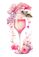 Watercolor pink wine glass with roses, card design for Valentine's day, champagne glass with flowers, . png