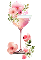 Watercolor pink wine glass with roses, card design for Valentine's day, champagne glass with flowers, . png