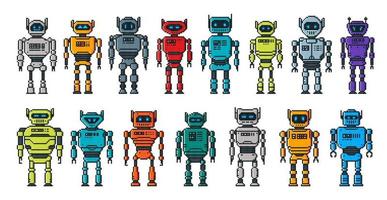 Pixel robot characters, cartoon android cyborgs vector