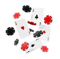 Flying casino poker cards and chips, gambling game vector