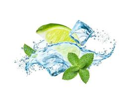 Water splash with lime, ice cubes and mint leaves vector