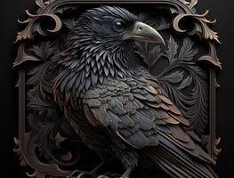 Colorful Close-up portrait of evil raven crow in a wooden carved frame Halloween background technology photo