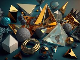 Abstract chaotic geometric background Glossy pyramids and spheres background created with technology photo