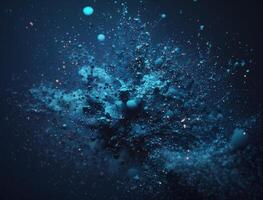 Dark blue and glow particle abstract background Blurry bokeh background with sparkles, particles and glitter created with technology photo