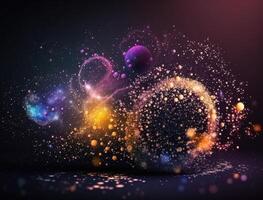 Dark blue and glow particle abstract background Blurry bokeh background with sparkles, particles and glitter created with technology photo