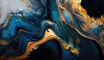 Gold and navy blue marble abstract background, watercolor paint texture photo