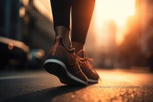 un niña corredor hace un Mañana correr en un ciudad calle. zapatilla de deporte Zapatos de cerca. correr, correr, bienestar, aptitud física, salud concepto.desenfocado y borroso antecedentes foto