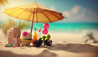 Tropical beach with sunbathing accessories, sunglasses, summer holiday concept background photo