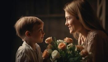 Little boy holding flowers, hugging his mother and celebrating mother's day. photo