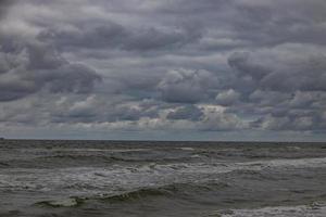 wide beach on the Baltic Sea in Poland on a summer cloudy gray cold day photo