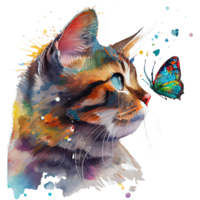 Cat with butterfly watercolor, cat looking at butterfly. png