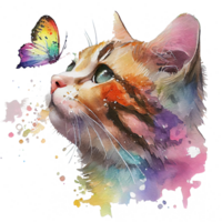 Cat with butterfly watercolor, cat looking at butterfly. png