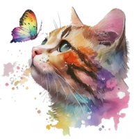 Katze mit Schmetterling Aquarell, Katze suchen beim Schmetterling. generativ ai png