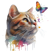 Cat with butterfly watercolor, cat looking at butterfly. png