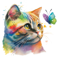 Cat with butterfly watercolor, cat looking at butterfly. png