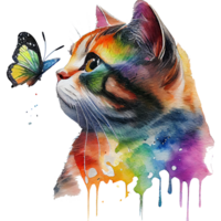 Cat with butterfly watercolor, cat looking at butterfly. Generative AI png