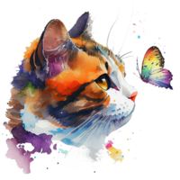 Cat with butterfly watercolor, cat looking at butterfly. png