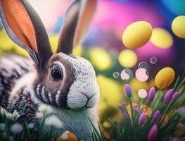 Happy Easter background concept Bunny with easter eggs on meadow with flowers created with technology photo