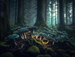 Fantasy mushroom landscape in the forest created with technology photo