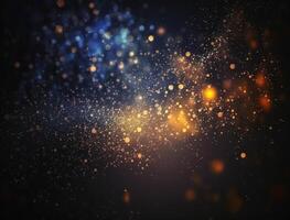 Dark blue and glow particle abstract background Blurry bokeh background with sparkles, particles and glitter created with technology photo