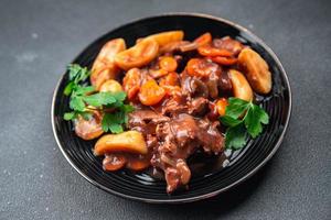 beef bourguignon meat dish with vegetables ready to eat healthy meal food snack on the table copy space food background rustic photo