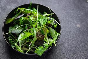 verde ensalada hojas mezcla mezcla micro verde, sano bocadillo comida en el mesa Copiar espacio comida antecedentes rústico parte superior ver foto