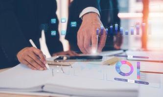 analyst discussion on data charts, Analyst working with Business Analytics and Data Management System, KPI report and metrics connected to database. Corporate strategy for finance, photo