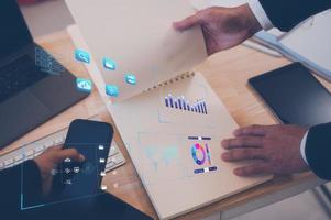 analyst discussion on data charts, Analyst working with Business Analytics and Data Management System, KPI report and metrics connected to database. Corporate strategy for finance, photo