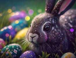 Happy Easter background concept Bunny with easter eggs on meadow with flowers created with technology photo