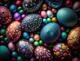 Happy Easter background concept with colorful easter eggs flat lay created with technology photo