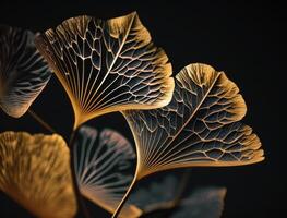 Ginkgo biloba golden leaves Dark background created with technology photo