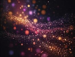 Dark blue and glow particle abstract background Blurry bokeh background with sparkles, particles and glitter created with technology photo