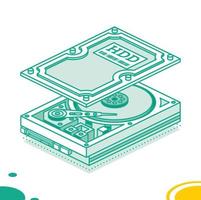 Hard Disk Drive. Isometric Outline Concept. Highly Detailed Open HDD. Isolated Objects. vector