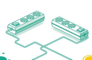 eléctrico poder enchufe banda. vector ilustración. isométrica contorno concepto. moderno eléctrico extensión cable. tarjeta de alimentación con Tres tragamonedas