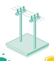 Isometric Electric Poles Supporting High Voltage Power Line. Outline Concept Isolated on White Background. vector