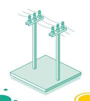 isométrica eléctrico polos secundario alto voltaje poder línea. contorno concepto aislado en blanco antecedentes. vector