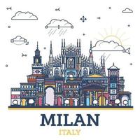 contorno Milán Italia ciudad horizonte con de colores histórico edificios aislado en blanco. Milán paisaje urbano con puntos de referencia vector