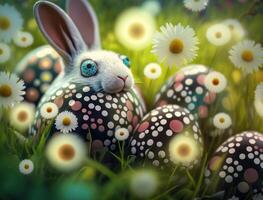 Happy Easter background concept Bunny with easter eggs on meadow with flowers created with technology photo