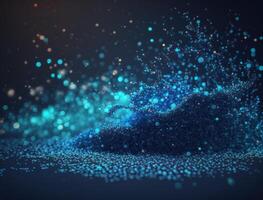 Dark blue and glow particle abstract background Blurry bokeh background with sparkles, particles and glitter created with technology photo