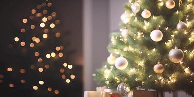 Christmas bauble decor hanging on the Christmas tree with sparkling light spot. . photo