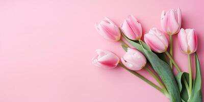 Mother's day, Valentine's Day background concept with pink tulip flowers. Generative AI. photo