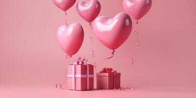 ai generado volador corazón globo con regalo caja, San Valentín día diseño concepto en rosado antecedentes. generativo ai. foto