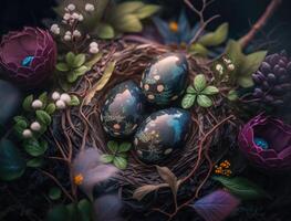 Happy Easter background concept with easter eggs in nest and spring flowers created with technology photo