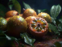 Beautiful organic background of freshly picked passion fruit created with technology photo