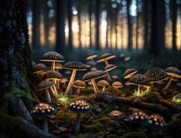 Fantasy mushroom landscape in the forest created with technology photo