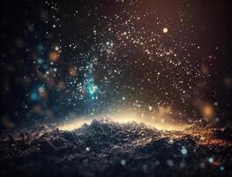 Dark blue and glow particle abstract background Blurry bokeh background with sparkles, particles and glitter created with technology photo