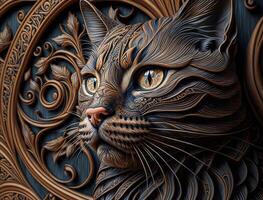 Colorful Close-up portrait of wolf with oriental ornament woodcarving elements background technology photo