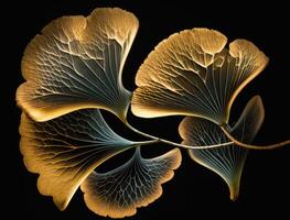 Ginkgo biloba golden leaves Dark background created with technology photo