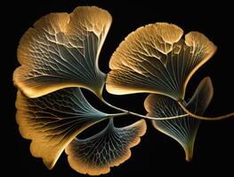 Ginkgo biloba golden leaves Dark background created with technology photo